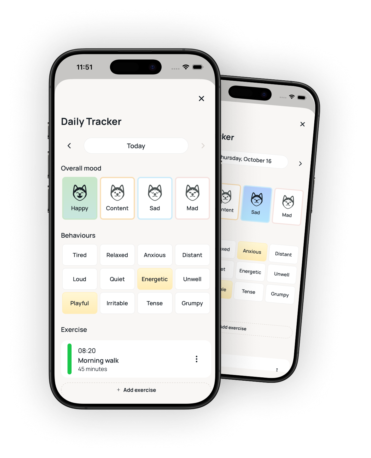 Suppawt daily tracker showing dog mood, energy levels, and behaviour logs
